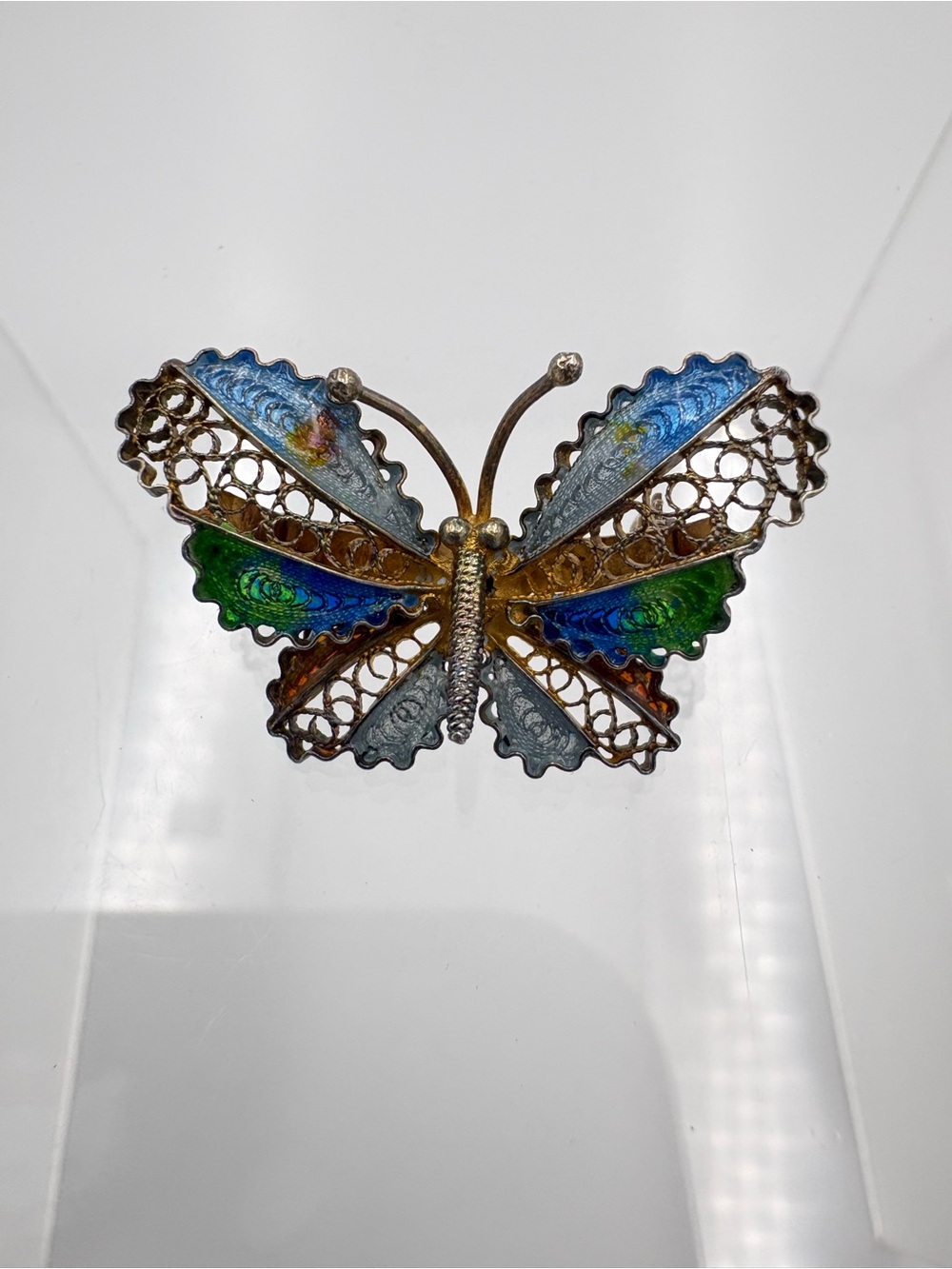 Vintage European Multicolor Enamel Filigree Butterfly Brooch Pin 800 Silver